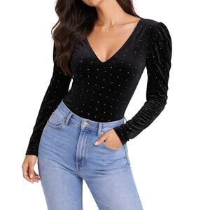 H&M Black Velour Studded Bodysuit Puff Sleeves Size Large